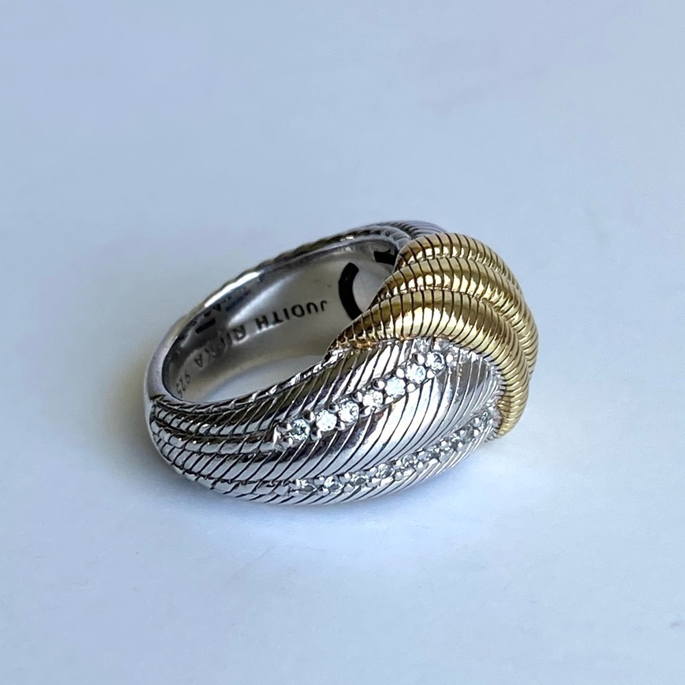 Judith Ripka Cocktail Ring Sterling Silver 14K Gold Faux Diamond Band Size 4.5 5 - Picture 6 of 9